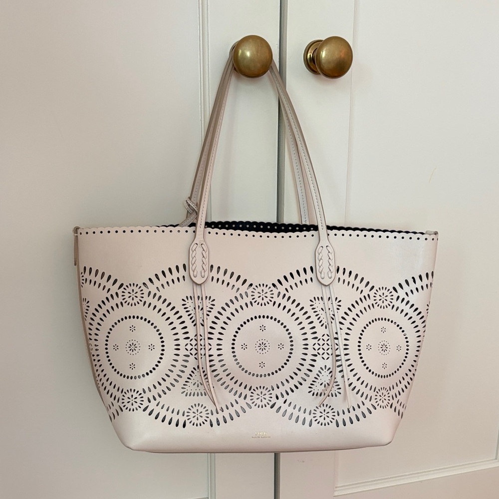Polo Ralph Lauren Perforated Leather Circle Tote Bag in Off White